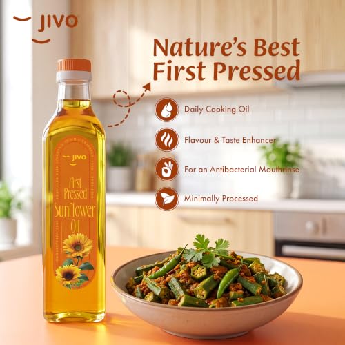 Image of Jivo First Pressed Sunflower Oil 1 Litre | MUFA-Rich Balanced with PUFA Omega-3 and 6 | Vitamin A and D Fortified Oil| Cholesterol and Trans Fat Free Oil | Ideal for Deep Frying, Roasting and Sauteing