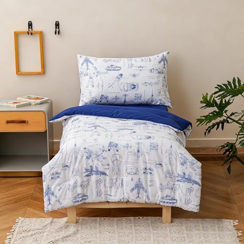 Image of Wellboo Aircraft Toddler Bedding Sets for Girls Boys Cute Cartoon 4 Pieces Soft Crib Bed Set Including Comforter, Sheets and Pillowcase Kids Cars Blue White Quilt Children Tank Plane Pattern Bedding