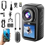 Action Cam 5K, Tragbare Action Kamera mit 64G Speicherkarte, 360° Helmkamera Motorrad Fahrrad Bodycam Körperkamera für Outdoor Abenteuer und Haustier, Unterwasserkamera mit 1.3 Zoll Display, Schwarz