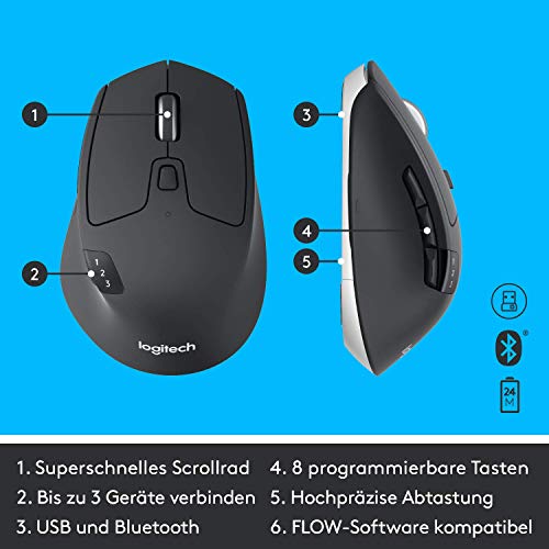 Logitech MK850 Performance Kabelloses Tastatur-Maus-Set, Bluetooth, 2.4 GHz Verbindung via USB-Empfänger, 24 bis 36-Monate Akkuleistung, Handballenauflage, Deutsches QWERTZ-Layout, Schwarz – Bild 5