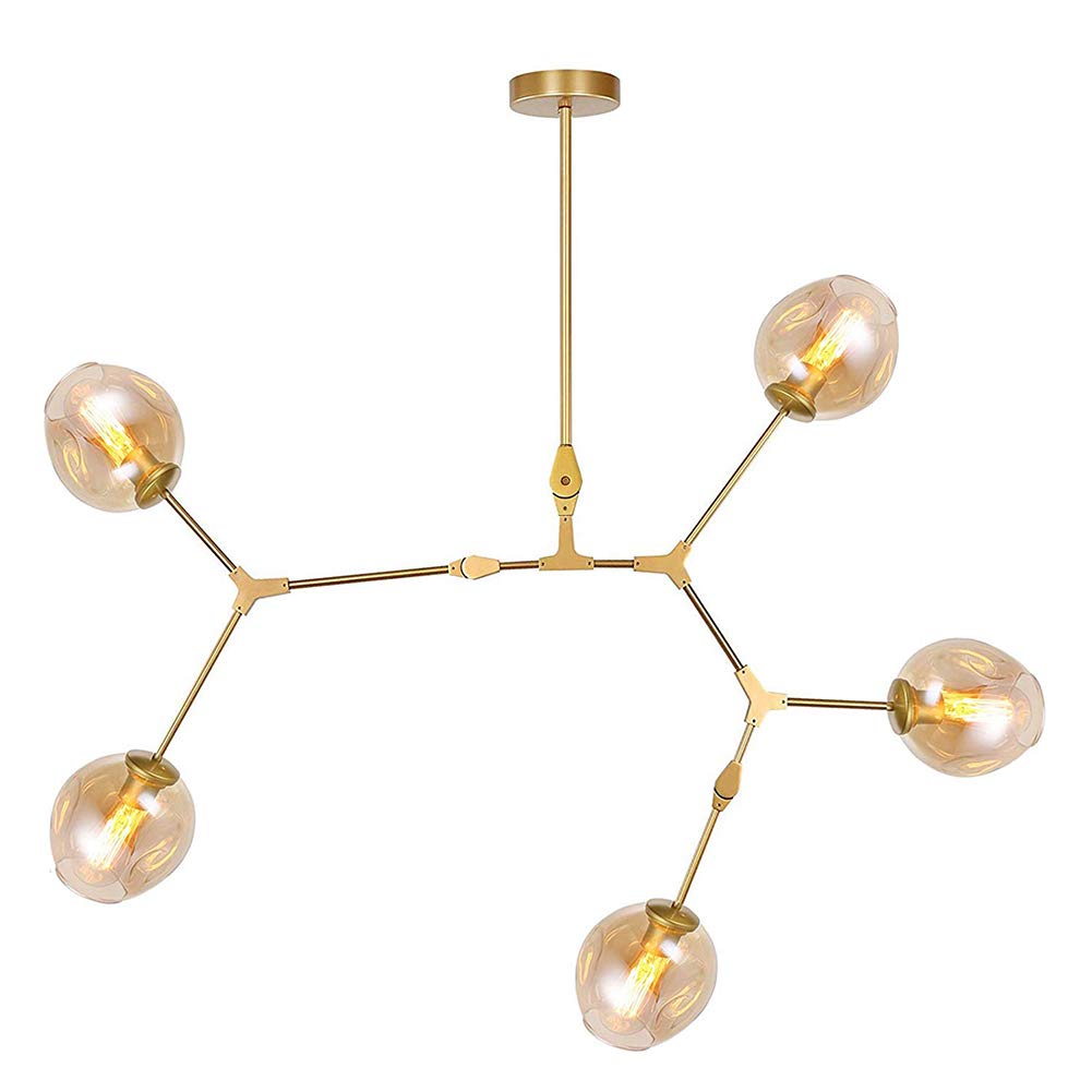 Glass Branch Light Fixture Hanging Lighting,E27 Simplicity Glass Engineering Branch Molecular Chandelier,Living Room Bedroom Indoor Chandelier Lamp,Creativity Adjustable Ceiling Li-Amber lampshade 5 h