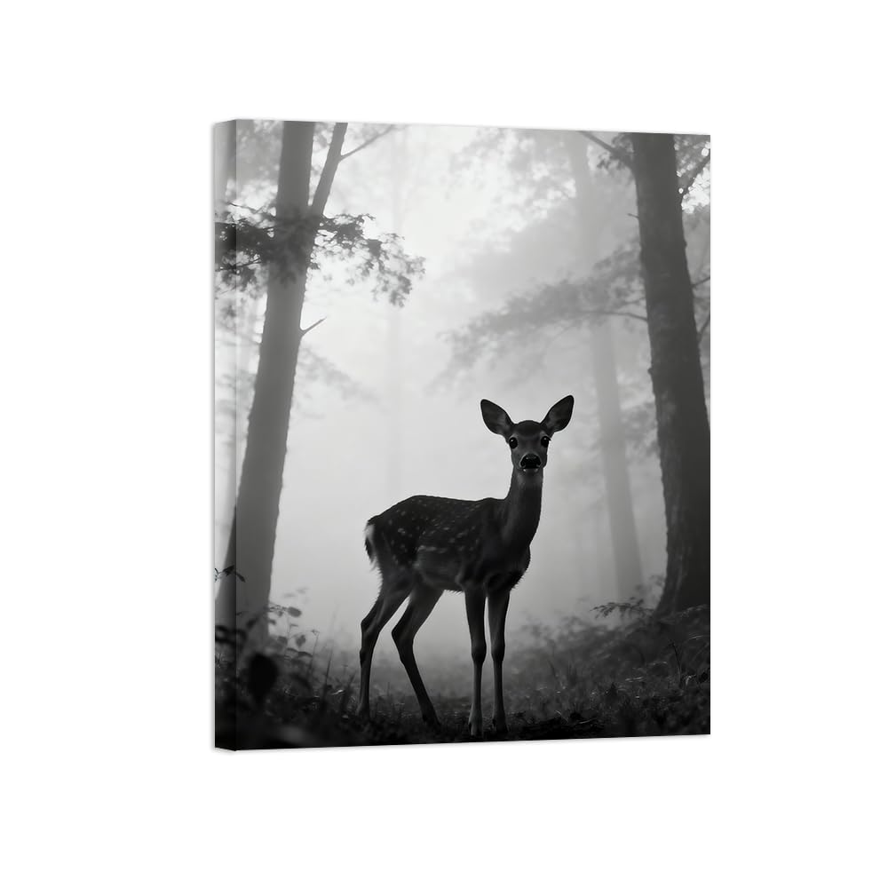 OZPWBVY Black and White Landscape Print Painting-Forest Deer-Minimalist Canvas Wall Art Picture for Home Ready to Hang 24x31in 60x80cm Wrapped Canvas