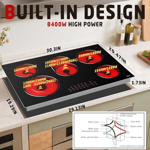 Image of Hobsir 30 Inch Electric Cooktop, 5 Burners 30 Cooktop, Electric Stove Top Burner, 8400W Drop-in Ceramic Stove with Glass Metal Frame, Dual Zone, Timer, Safety Lock, 220-240V, Hard Wired (No Plug)