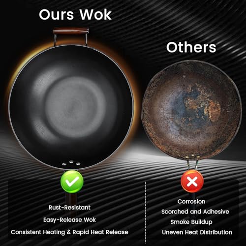 Colourcoco Carbon Steel Wok - 13" Woks & Stir-Fry Pans Nonstick, Wok with Lid, Fast Heat Conduction, Uniform Heat Conduction Flat Bottom Woks, Professional Chef Cookware — view 6