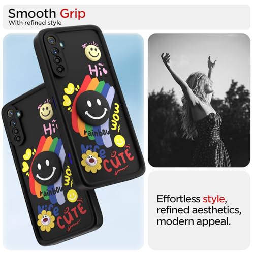 Image of Pikkme Back Cover for Realme XT /Realme X2 | Soft Silicone| Cute Rainbow Smile & 3D Cartoon Flower Design | Shockproof Raised Camera Protection Bumper Case (Black)