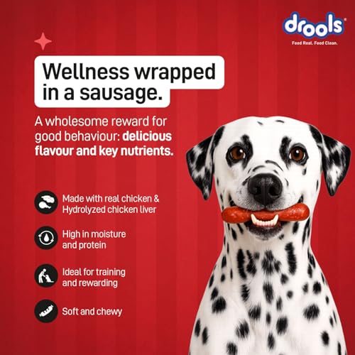 Image of Drools Adult & Puppy Sausage for Dog, 450g | Chicken Flavour | High Protein | Treat & Food Topper | Grain Free | Best for Training & Bonding | No Preservatives