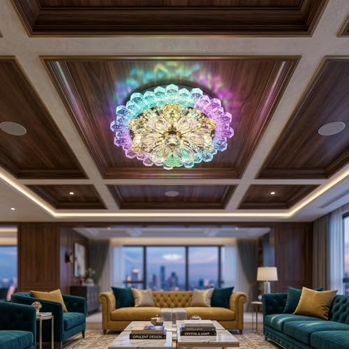 Image of Round Crystal Flower Ceiling Light with Rotating Multi-Colour LED, Decorative Chandelier Lamp for Living Room Bedroom Hallway Event Decor, Dimmable Lighting Fixture 7 x 7 x 2 Inch