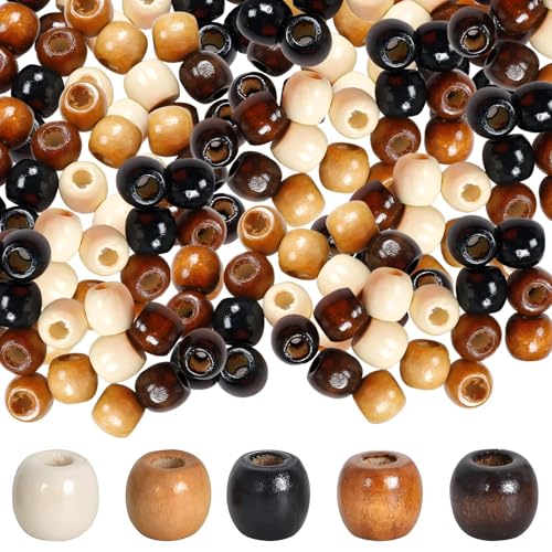 250Pcs Large Hole Beads Wooden Beads for Crafting 11 * 12mm 5 Colors Vintage Round Wooden Hair Bead Applicable to Necklaces Bracelets Hair Braiding DIY Handmade Decor