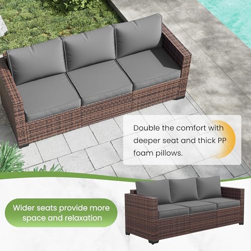 Image of Amopatio Patio Couch, 3-Seat Outdoor Furniture, Wicker Porch Furniture Outdoor Couch Sofa with Water-Resistant Cover & Non-Slip Cushions, Premium Patio Set, Grey