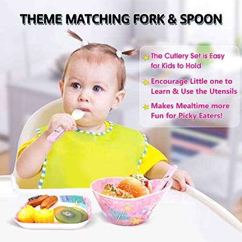 Finex Frozen Queen Elsa Princes Anna 5 Pcs Set Children Cartoon Durable Tableware Meal Dishes Mealtime Food Feeding Eating Set includes Dinner Serving Bowl Plate Cup with a Matching Spoon & Fork Kids