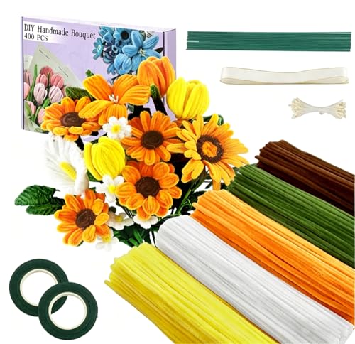 SKY-TOUCH Flower Pipe-Sunflower Stick Craft Kit: 440 Thickened Pipe Sticks In 5 Mixed Colors Includes Floral Wire And Ribbon Perfect for DIY Bouquet Making Suitable For Birthdays Graduations