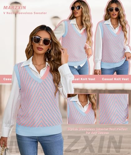 Image of MARZXIN Women Sleeveless Sweater V Neck Casual 2026 Fall Knitted Chevron V Neck Sweater Vest Color Block Pullover Sweater Top