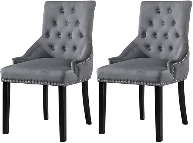BOJU Set of 2 Occasional Tufted Dining Chairs with Arms Studded Knocker Ring Accent Grey Fabric Upholstered Kitchen Chairs with Armrest for Restaurant Bedroom Living Room Soft Side Chairs