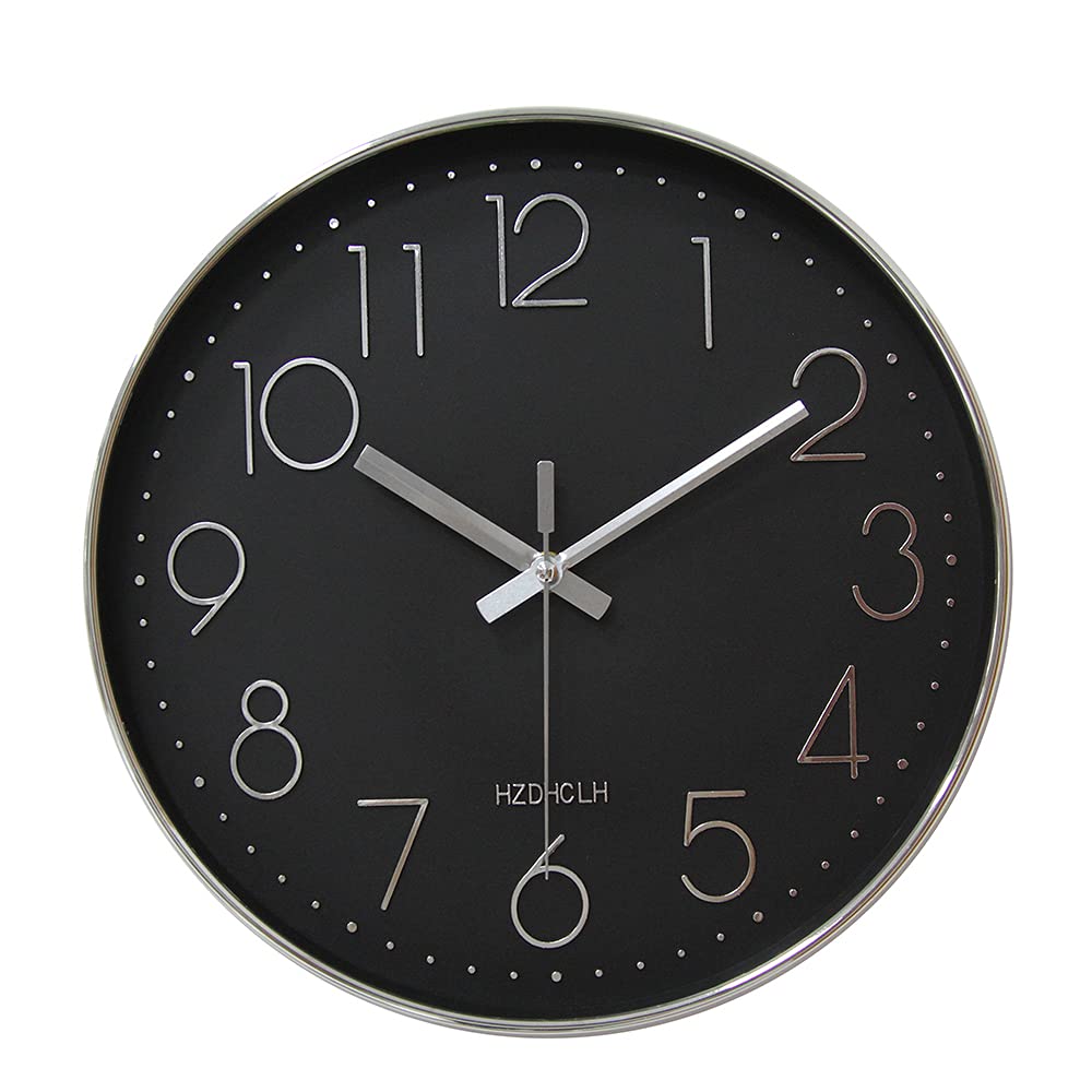 HZDHCLH Wall Clocks for Living Room Bedroom Office Classroom Decor Small Silent Non Ticking Kitchen Wall Clock Battery Operated (Black Silver,12 inch)