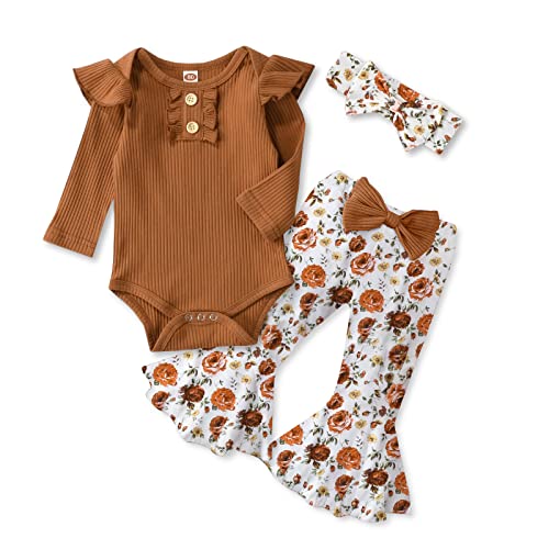 Image of Kislio Newborn Baby Girls Clothes Ribbed Ruffled Romper+Floral Pants+Headband Infant Outfit Set