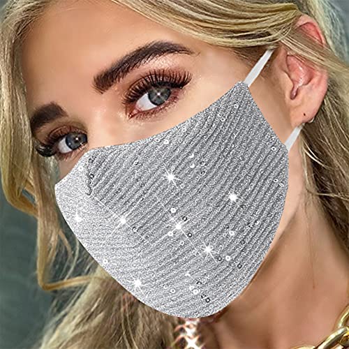 Image of Sparkly Sequins Mouth Masc Fashion Designer Glitter Cotton Face Cover With Adjustable Ear Loops Reusable Masquerade Party Nightclub Rave Festival Sequins Face Covering (Silver)