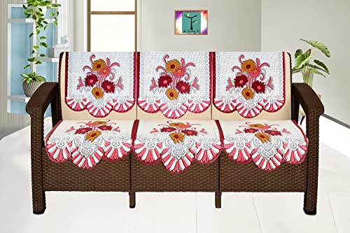 Image of The Furnishing Tree Cotton Floral Knitted Pattern 6 Pieces 3 Seater Sofa Cover Set Maroon