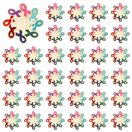 SANNIX 60Pcs Cancer Awareness Ribbon Pins Colorful Lapel Pins Ribbon HOPE Brooch Gifts for Cancer Support Charity Fundraising Events Backpacks Clothes Accessories