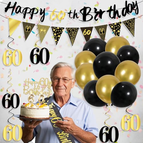 Image of 60th Birthday Decorations for Men, Black Gold 60th Party Decoration Kits | 27pcs Happy 60th Birthday Set, Banner, Honeycomb, Balloons, Gold Number, Candle, Hanging Swirls, Cake Topper, Party Supplies