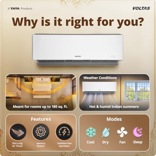 Image of Voltas 1.5 ton 3 Star, New star rated, Inverter Split AC (Copper, Convertible 6-in-1 Cooling Modes, Auto Clean, Sleep Mode with Hidden Display, Memory Restart (183INV VENUS LUXE, White)