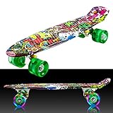 Hohe Tragfähigkeit - Mini Cruiser board Retro Skateboard mit ABEC 7 Kugellagern, geriffelte Standplatte und super glatte LED PU-Räder (Härte 78A), gute Wahl für Anfänger, sehr stabil, bis ca. 100 kg belastbar. Perfekt für rauen bis glatten Boden, Stadt, Parkcruising und Campus geeignet.