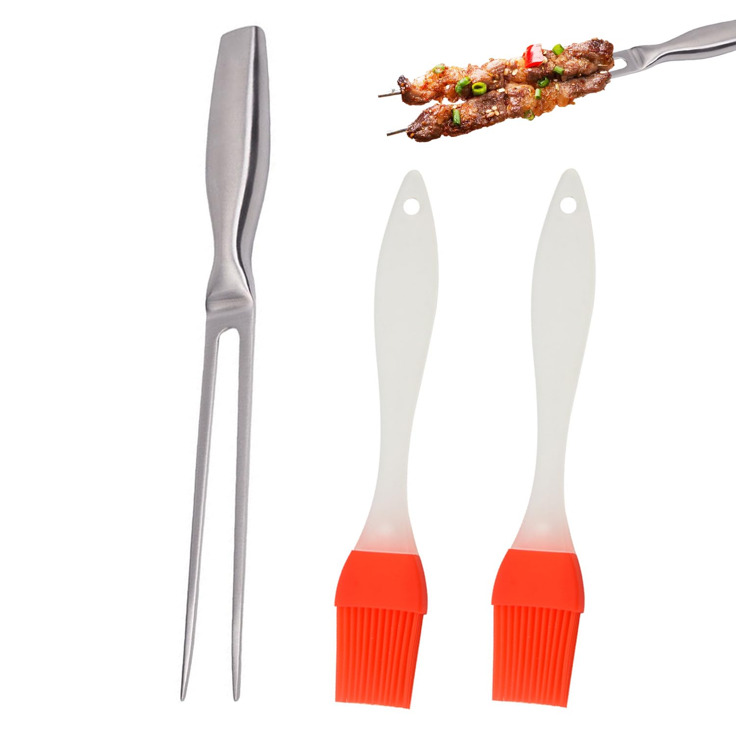 1 Pezzo Di Forchetta Per Grill E 2 Pezzi Di Spazzola Ad Olio, Forchetta Grill Fatta In Acciaio Inossidabile, Strumento Di Cottura, Forchetta Per Alimenti, Forcella Per Permanente Grill