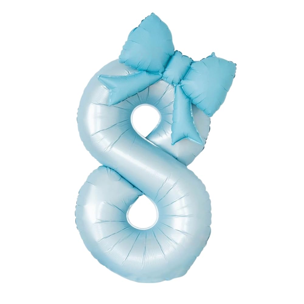 Fashion Yo 40'' Number with Bow Balloon, Self Inflating Foil Light Pink Set 0-9, Pastel Pink Helium Balloon for Girls Birthday Party Decorations Anniversary Supplies (Blue Number 8)