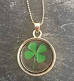  Damen Hals-Kette mit Anhänger und echtem vier-blättrigem Kleeblatt Glücksbringer gold-farben Medaillon Glas handmade Schmuckphantasien Geschenk Muttertag Geburtstag