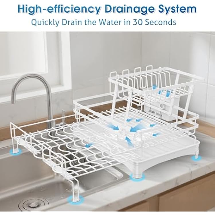 Glovv 2-Tier Collapsible Over The Sink Dish Drying Rack, Kitchen Sink Organizer with Auto Drainage System, Dish Racks for Kitchen Counter with 4 Cup Holders,White