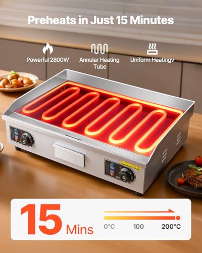 Image of VEVOR Upgraded Commercial Electric Griddle, 2800W Stainless Steel Countertop Flat Top Grill, 26'' Griddle Grill with 2 Shovels and 2 Brushes, 122℉-572 ℉ Adjustable Temp, for Home Restaurant(No Plug)