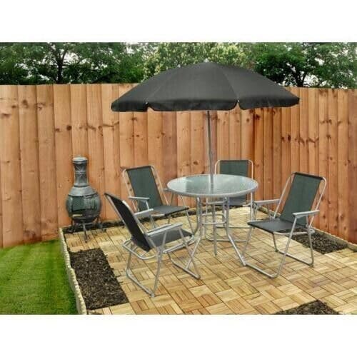 6 Piece jardín y Patio Juego Exterior Comedor Juego – 4 Asientos Exterior Muebles de jardín con Cristal Parte Superior Mesa 4 Plegable sillas y Paraguas Parasol para terraza o balcón