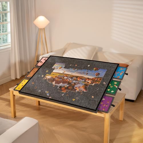 Tektalk Table de Puzzle Pliable de 2 000 pièces avec Couvercle, Plateau de Puzzle à 3 Angles d'inclinaison, Planche de Puzzle en Feutre Super légère et Portable avec 6 tiroirs de tri, Gris foncé – vue 7