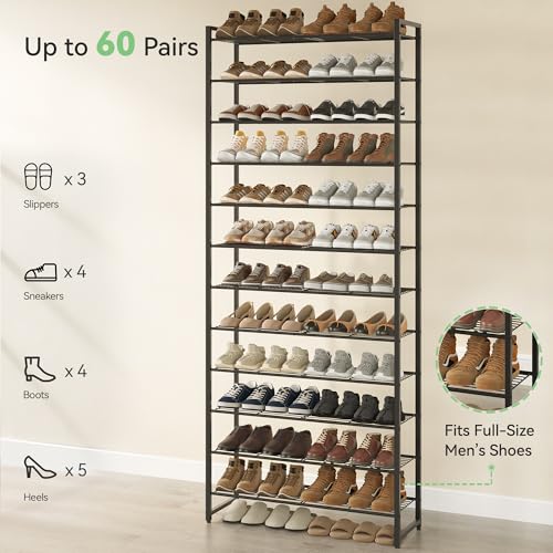 Image of Nunsino Shoe Rack for Closet, Metal Shoe Organizer,12 Tier Garage Shoe Rack Max Holds 60 Pairs,Shoe Storage Shelf,Entryway, Black