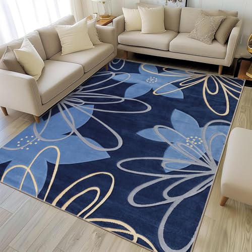 OMHHBX Alfombra moderna para salón, elegante y brillante, pelo corto, en flores azules, 60 x 90 cm