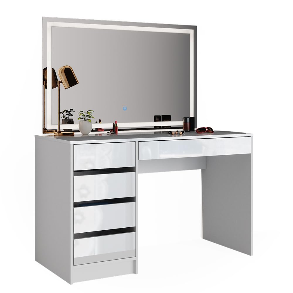 Vicco Tavolo da toeletta Sherry, Bianco, 120 cm | con illuminazione a LED, con illuminazione LED e grande specchio rettangolare