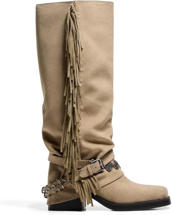 MAVMAX Fold Over Boots with Tassels Fringe Suede Cowboy Boots for Women Slouchy Mid Calf Riding Boot with Belt Buckle