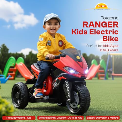 Image of Toyzone Ranger Electric Bike (Red) | 6V Rechargeable Bike for Kids with 4.5Ah Battery | LED Lights, Music, MP3 /USB /BT | Smooth Acceleration | 6M Battery Warranty | Age 2-6 Years, Up to 35kg