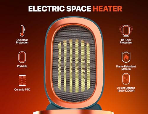 Ceramic Space Heater for Indoor Use, Overheat Protection, Tip-Over Protection, Low Noise Heating, Safe Electric PTC Portable Fan for Office Home Room, Blue Smart Handy Warmer for Bedroom Desktop - Image 3