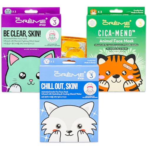 The Crème Shop Animal Face Mask 9 Pack - Bundle with 9 Kitty, Fox, and Tiger Face Masks Made in Korea for Hydration, Blemish-FIghting, and Soothing | The Creme Shop Skin Care