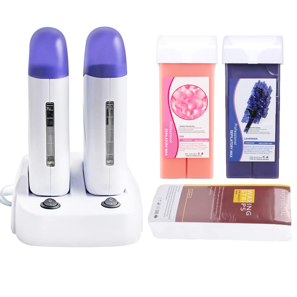 Depilatory Roll on Wax Heater Roller Warmer Cartridge Strips Hair Removal Kit USA (Double Wax Roller Waxing Kit)