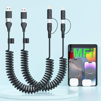 60W USB C to Lightning Cable Fast Charging Cable Supports Apple CarPlay & Android Auto,4-in-1 Coiled iPhone 16 CarPlay Cable for Car, [2Pack 4FT] Coided Lightning Cable for iPhone 16/15/14/13/Samsung