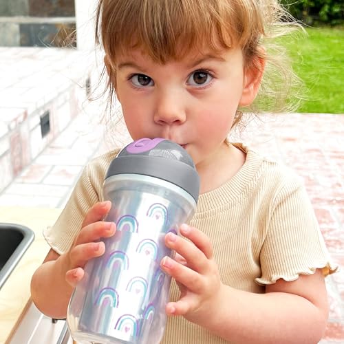 Image of Chicco Insulated Straw Sippy Cup 12+ Months, 9oz Toddler Training Cup with Spill-Free Flip-Top Lid, BPA-Free 2-Pack, Silver /Purple Rainbow