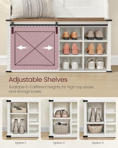 Image of VASAGLE Hall Tree with Bench and Shoe Storage, Coat Rack with Shoe Bench, Entryway Furniture, 6 Tri-Hooks, Sliding Door, Farmhouse Style, Space Saving, Rustic White and Honey Brown UHSR442W01V1