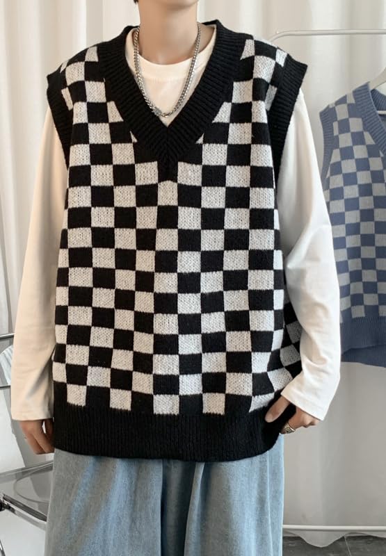 Plaid Graphic Grandpa Sweater Vest for Men Preppy Clothing Y2k Grunge Outfit Trendy Acubi V Neck Tops Gothic Knitwear4