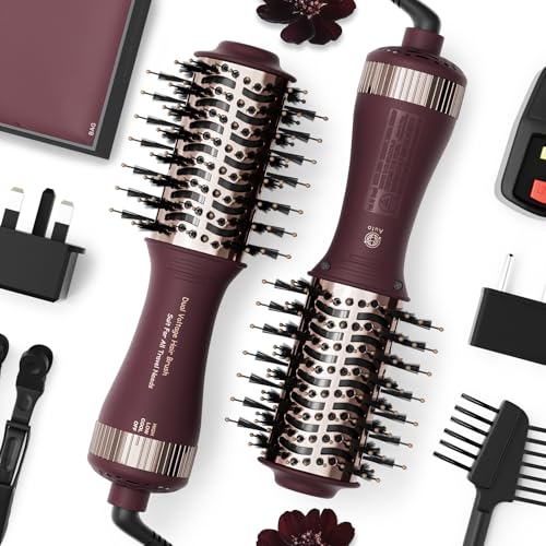 Image of Travel Dual Voltage Hair Dryer Brush 4-in-1 Portable Mini Hot Air Blow Dryer Straightener & Curler Brush, Automatico Doble Voltaje Cepillo Secador De Cabello 110~240V US /EU /UK -Blackcurrant Rose Gold