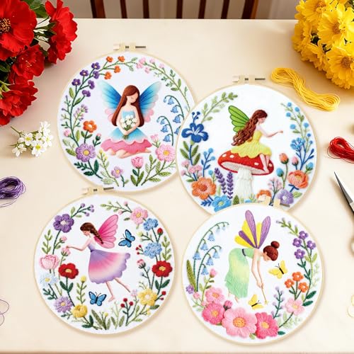 Image of BEUNITONE 4 Set Fairy Patterns Embroidery Kit for Beginners 7.9 inchx7.9 inch DIY Complete Needlepoint Kits for Adults, Cross Stitch Starter Kit with Hoops and Instructions, Handmade Gifts for Home Decor