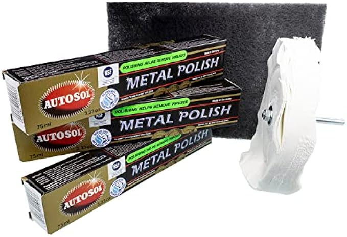 TJR Polishing set of 6 pieces - 3x Metal Polish paste 75ml tubes, 1x 6x9” Abrasive fleece pad - Very Fine, 1x 5.11” Cloth Brush, 1x 1/4” Arbor. Works in steel, stainless, aluminum, brass, plexiglass