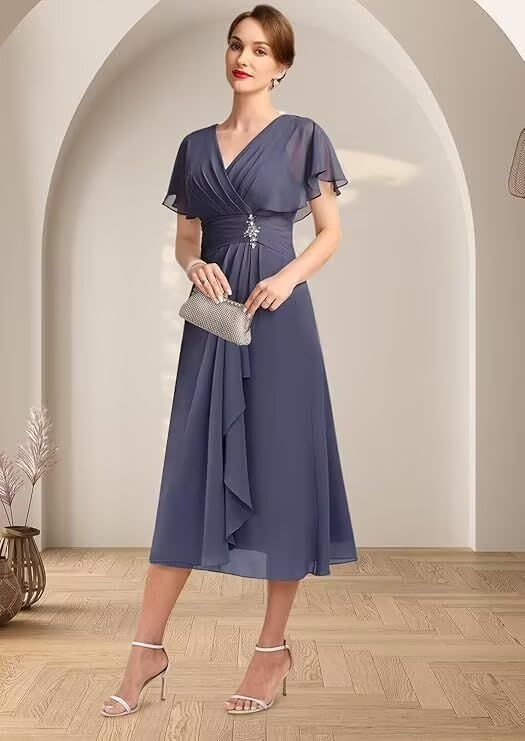 Chiffon Mother of The Bride Dresses for Wedding Short Sleeves V Neck Formal Evening Gown for Women3