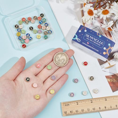 SUNNYCLUE 1 Box 52Pcs Alloy Alphabet Beads Metal Letter Bead Bulk Flat Round Initial Alloy Letters Multicolor Enamel Beads for jewellery Making Beads Accessories DIY Earring Crafting Beginners Women - Image 3