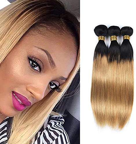GEOU WIG Ombre Bundles 1B 27 Human Hair Straight Remy Weave Tow Tone Weaves Extensions Bundle 3 20 22 24 Inch